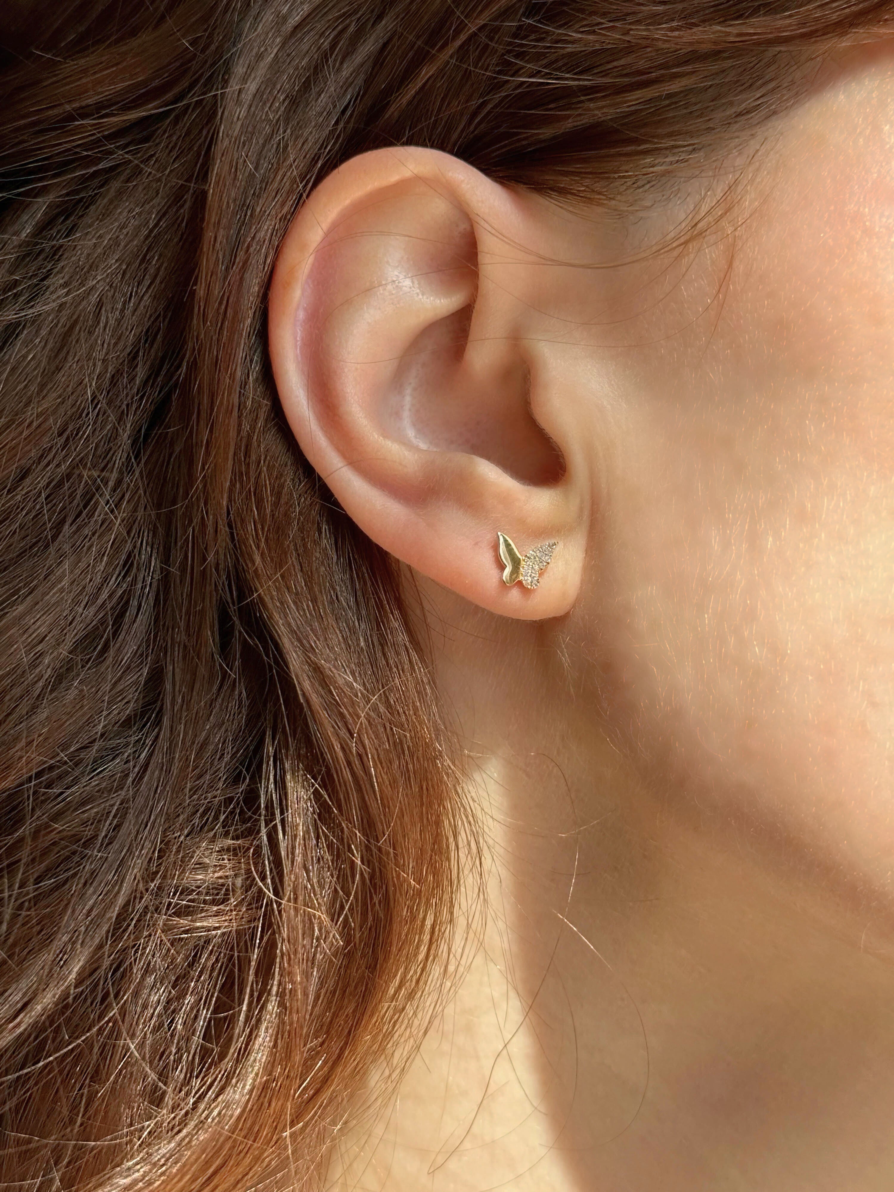 diamond butterfly stud earrings, Diamond Butterfly earrings Gold, Real diamond butterfly stud earrings, yellow gold diamond butterfly stud earrings, diamond stud earrings yellow gold, Half Diamond Butterfly Studs