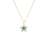 Kid's Jewelry, Flower Pendant, Necklace, Kid's Pendant, Diamond Necklace, Big Flower Emerald Center with Diamond Accent Necklace in Yellow Gold