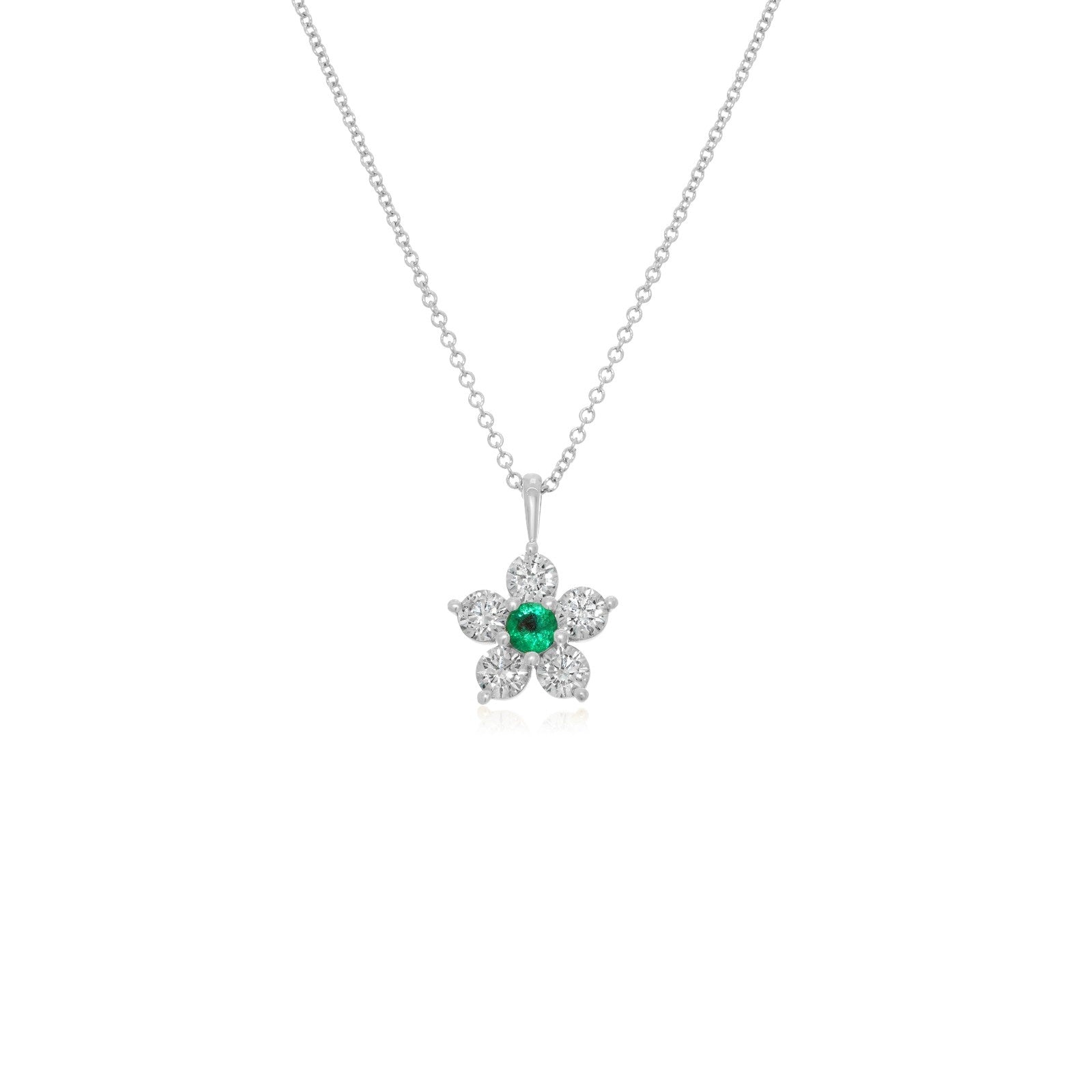 Kid's Jewelry, Flower Pendant, Necklace, Kid's Pendant, Diamond Necklace, Big Flower Emerald Center with Diamond Accent Necklace in White Gold
