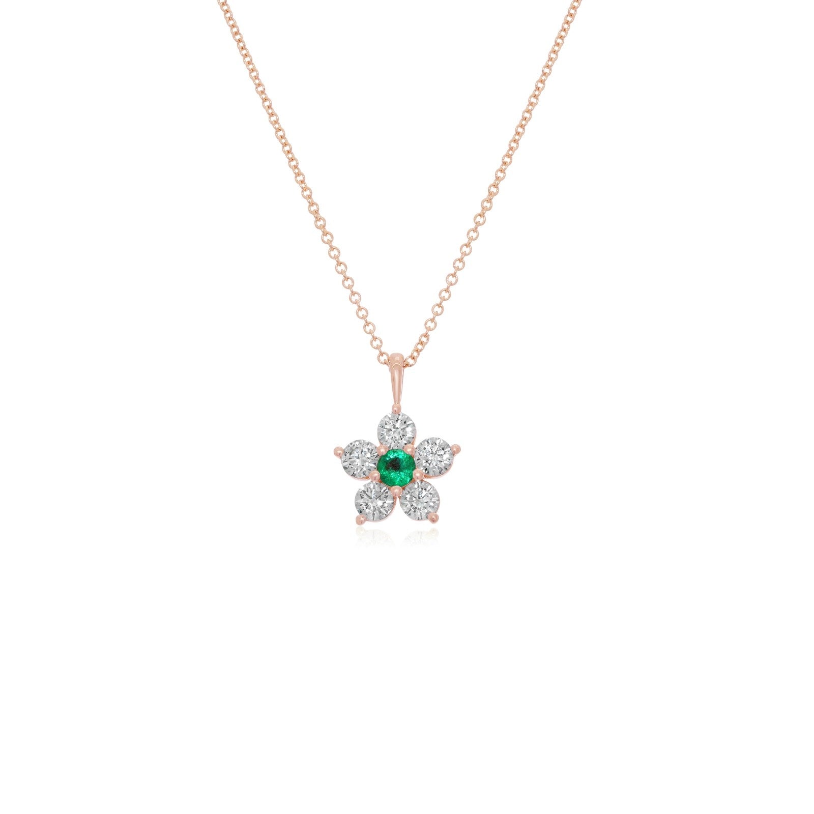 Kid's Jewelry, Flower Pendant, Necklace, Kid's Pendant, Diamond Necklace, Big Flower Emerald Center with Diamond Accent Necklace in Rose Gold