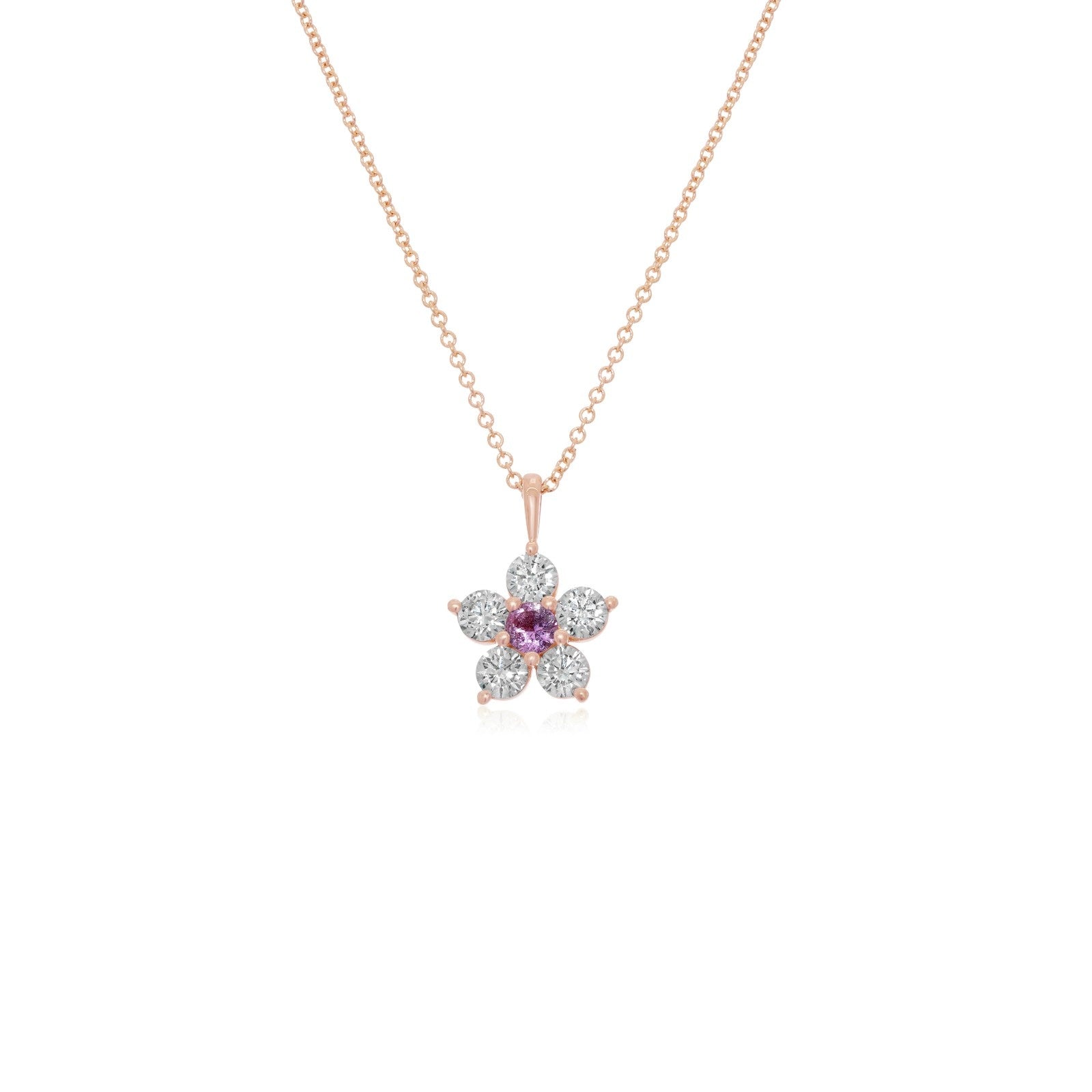 Kid's Jewelry, Flower Pendant, Necklace, Kid's Pendant, Diamond Necklace, Big Flower Purple Sapphire Center with Diamond Accent Necklace in Rose Gold