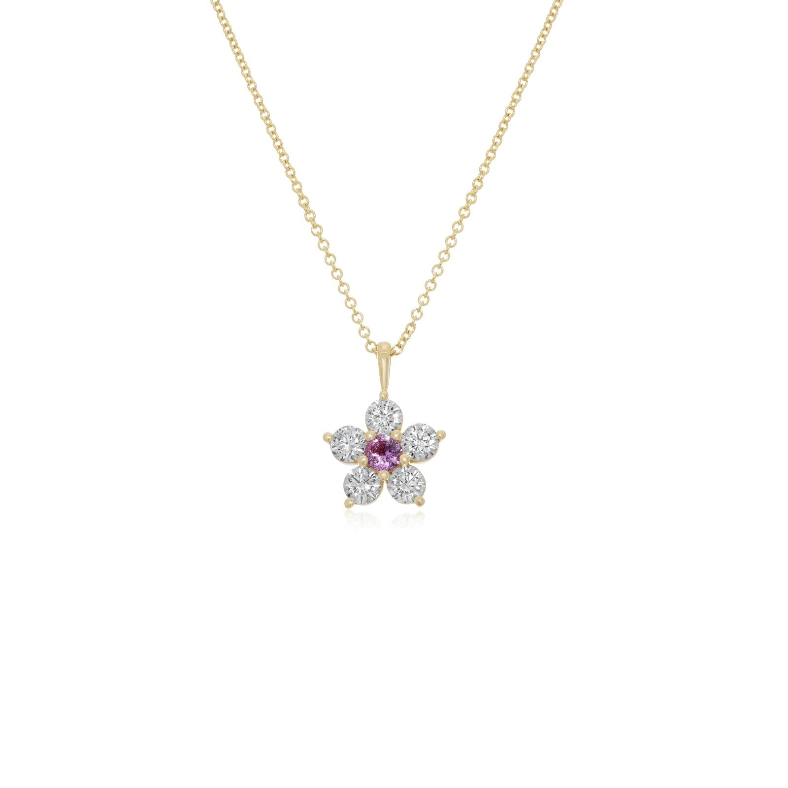 Kid's Jewelry, Flower Pendant, Necklace, Kid's Pendant, Diamond Necklace, Big Flower Purple Sapphire Center with Diamond Accent Necklace in Yellow Gold
