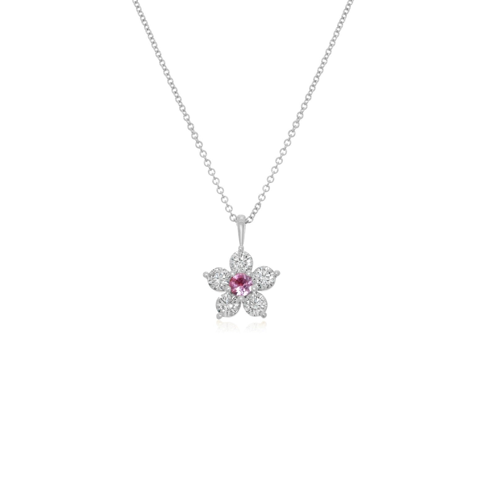 Kid's Jewelry, Flower Pendant, Necklace, Kid's Pendant, Diamond Necklace, Big Flower Pink Sapphire Center with Diamond Accent Necklace in White Gold