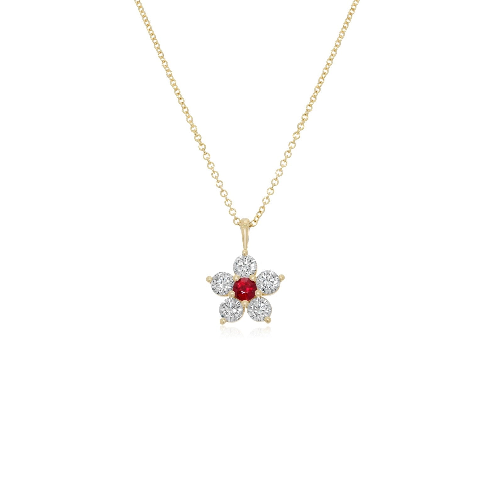 Kid's Jewelry, Flower Pendant, Necklace, Kid's Pendant, Diamond Necklace, Big Flower Ruby Center with Diamond Accent Necklace in Yellow Gold