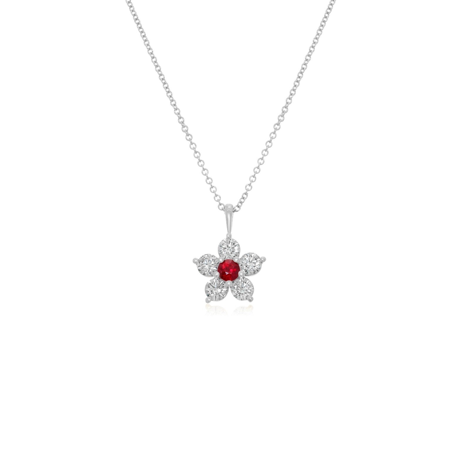 Kid's Jewelry, Flower Pendant, Necklace, Kid's Pendant, Diamond Necklace, Big Flower Ruby Center with Diamond Accent Necklace in White Gold