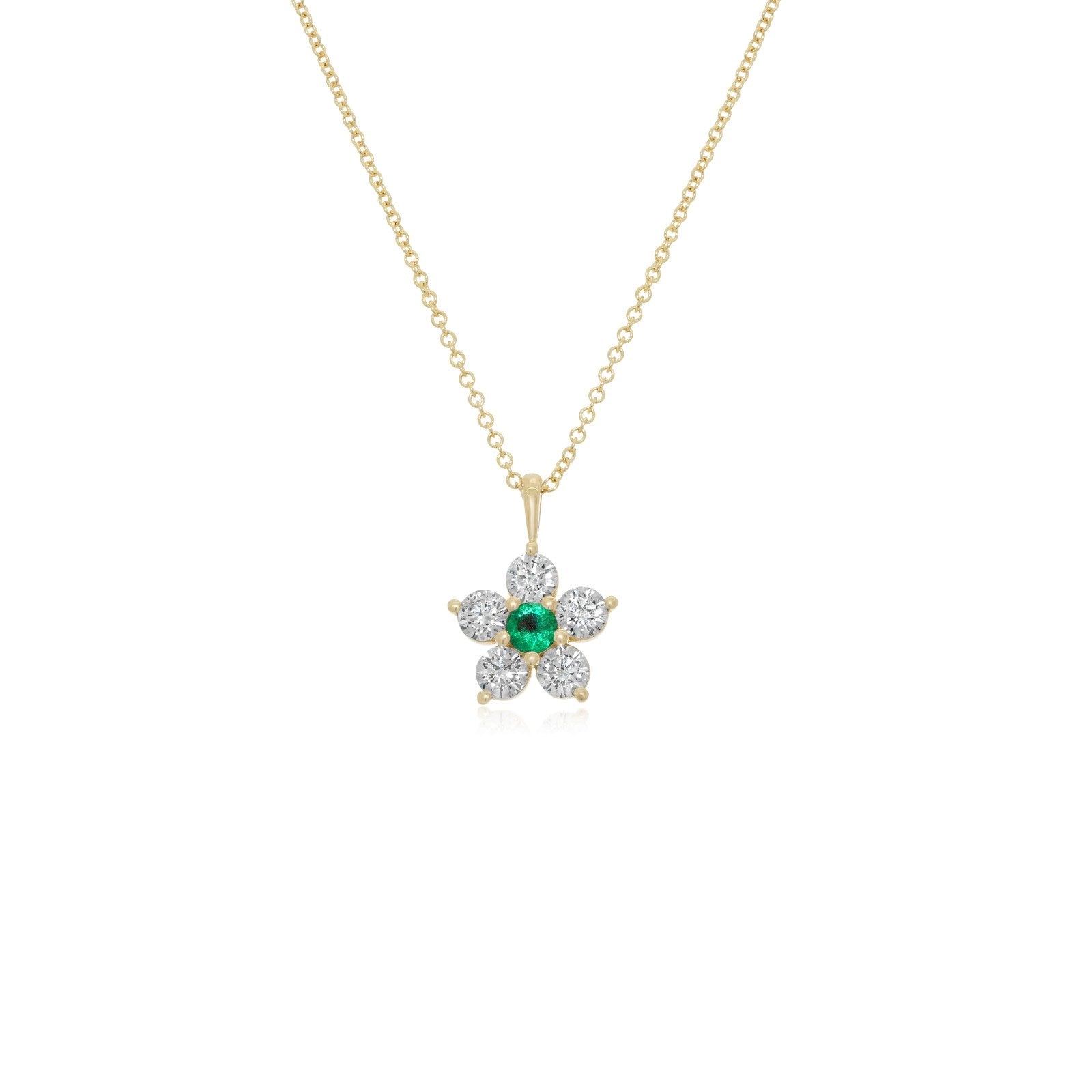 Kid's Jewelry, Flower Pendant, Necklace, Kid's Pendant, Diamond Necklace, Big Flower Emerald Center with Diamond Accent Necklace in Yellow Gold