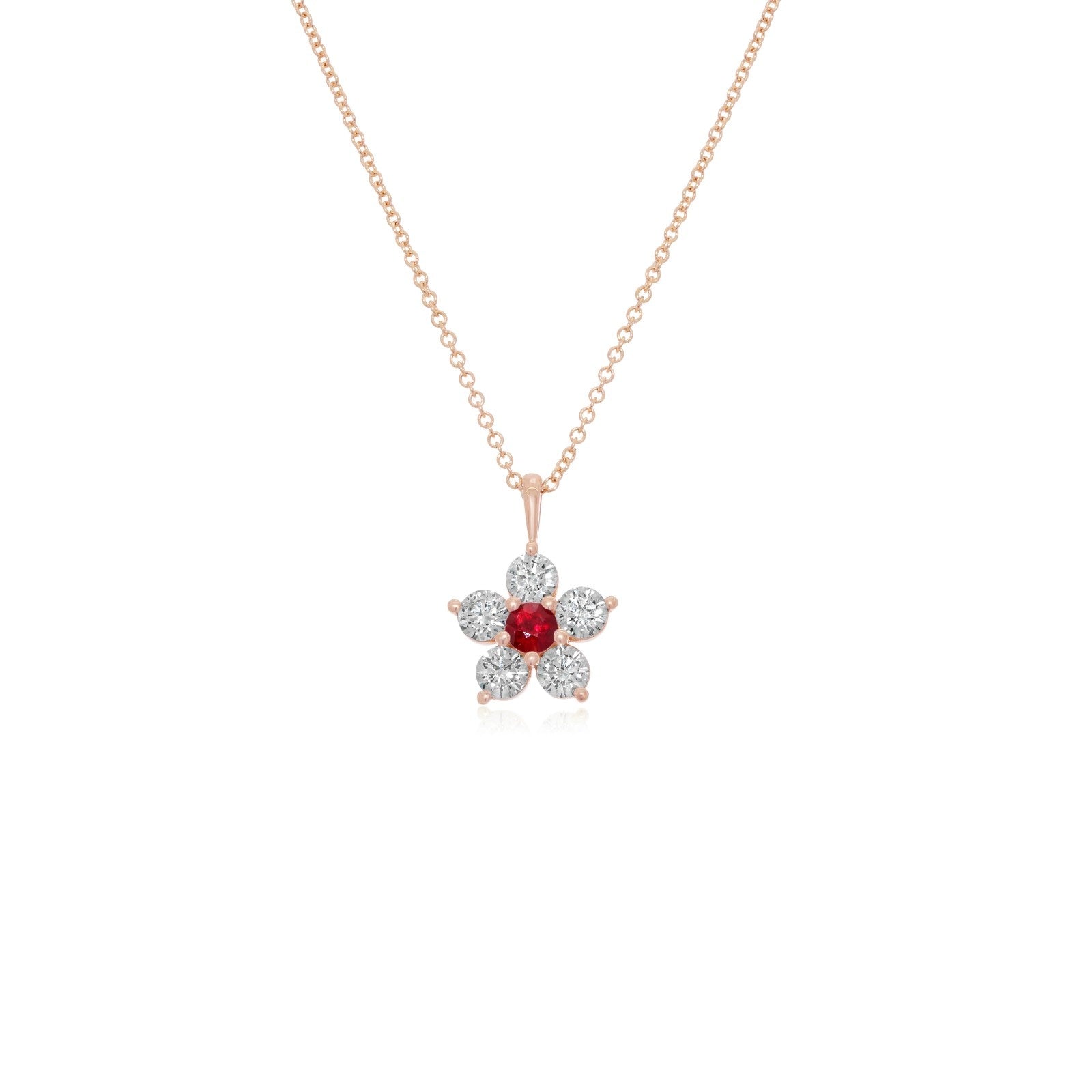 Kid's Jewelry, Flower Pendant, Necklace, Kid's Pendant, Diamond Necklace, Big Flower Ruby Center with Diamond Accent Necklace in Rose Gold