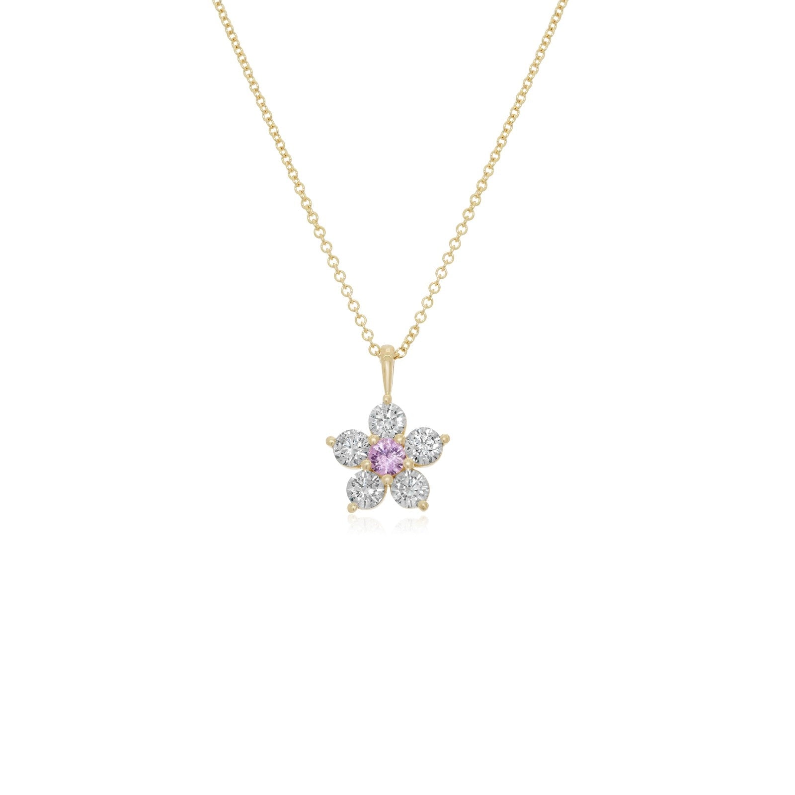 Kid's Jewelry, Flower Pendant, Necklace, Kid's Pendant, Diamond Necklace, Big Flower Pink Sapphire Center with Diamond Accent Necklace in Yellow Gold