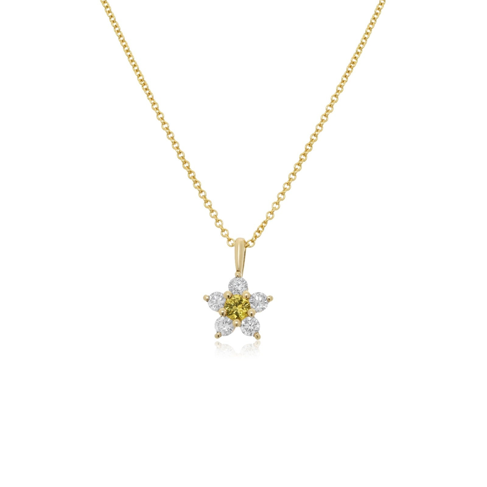 Kid's Jewelry, Flower Pendant, Necklace, Kid's Pendant, Diamond Necklace, Big Flower Yellow Sapphire Center with Diamond Accent Necklace in Yellow Gold