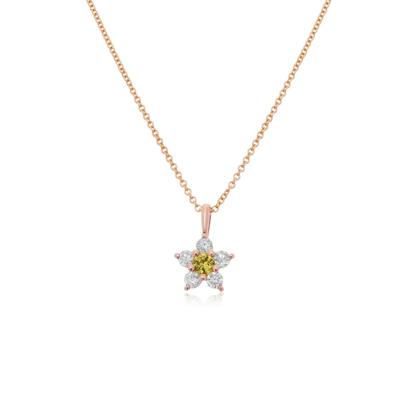 Kid's Jewelry, Flower Pendant, Necklace, Kid's Pendant, Diamond Necklace, Big Flower Yellow Sapphire Center with Diamond Accent Necklace in Rose Gold