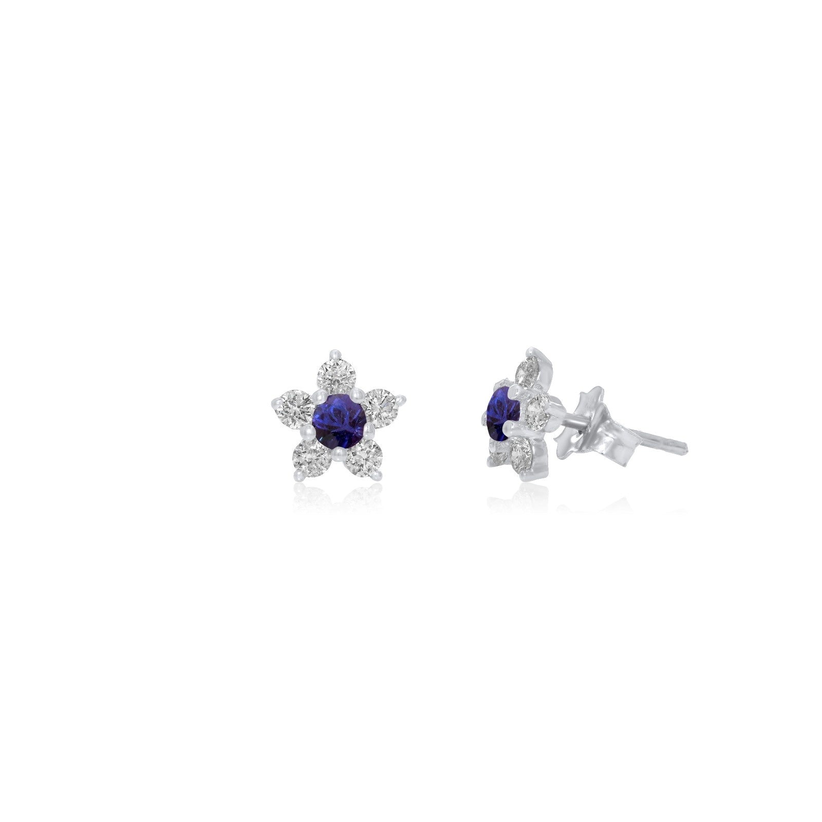 Flower Studs, Diamond Flower Studs, Kid's Jewelry, Fine Jewelry, Earring, White Gold, Blue Sapphire