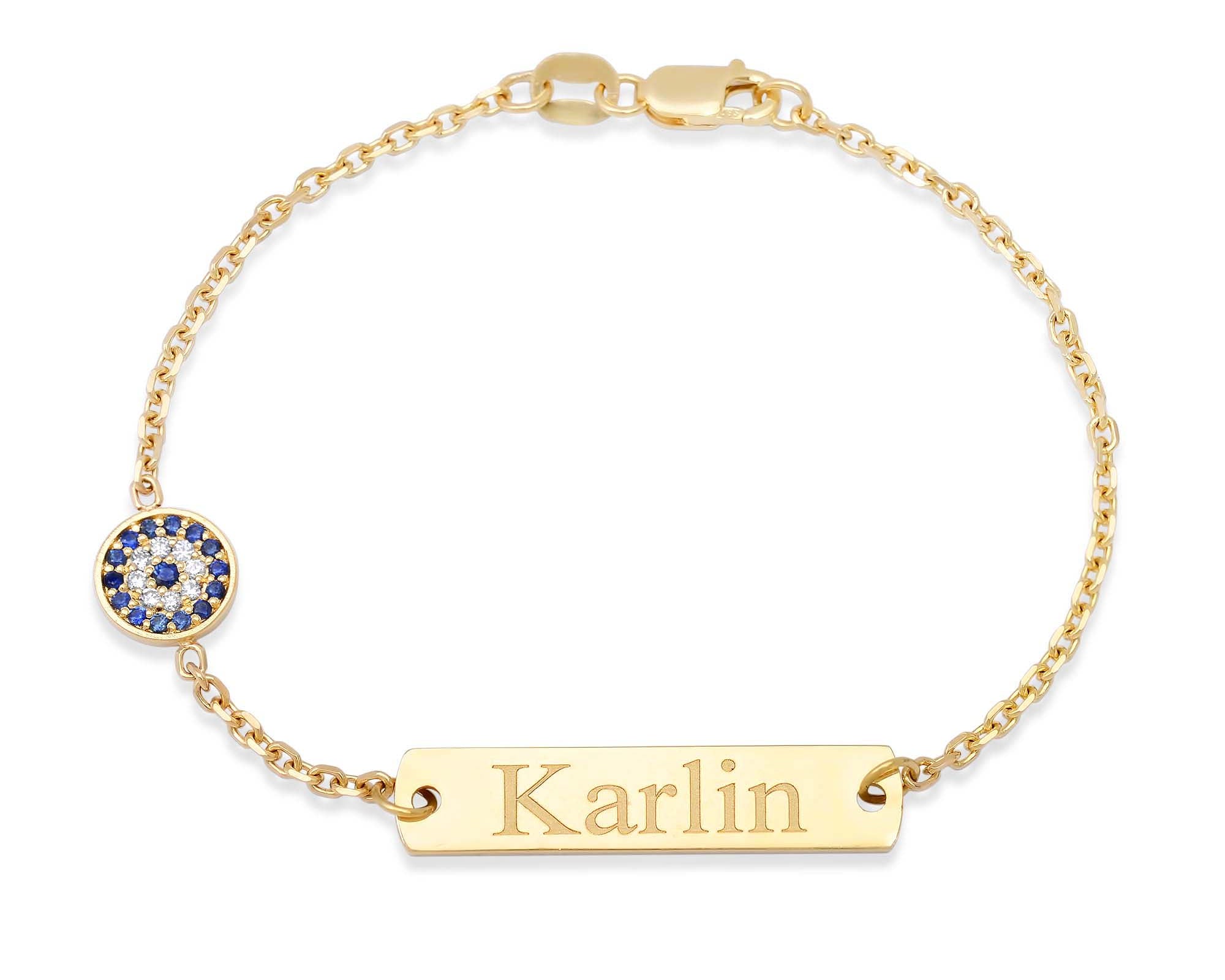 Kids Bracelet, Gold Kids bracelets, Children's Bracelets, Blue Evil Eye ID Bracelet Yellow Gold