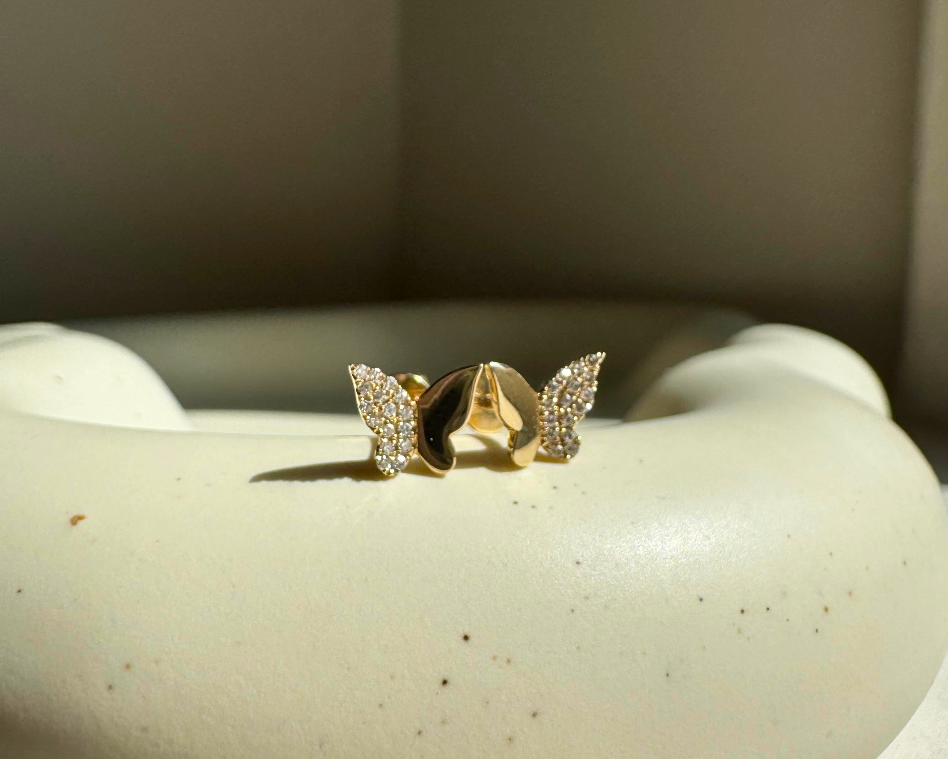 diamond butterfly stud earrings, Diamond Butterfly earrings Gold, Real diamond butterfly stud earrings, yellow gold diamond butterfly stud earrings, diamond stud earrings yellow gold, Half Diamond Butterfly Studs