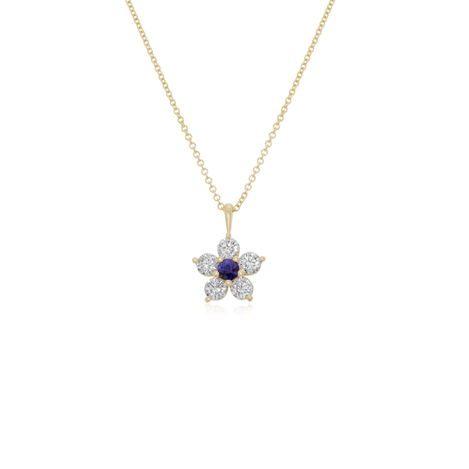 Kid's Jewelry, Flower Pendant, Necklace, Kid's Pendant, Diamond Necklace, Big Flower Blue Sapphire Center with Diamond Accent Necklace in Yellow Gold 