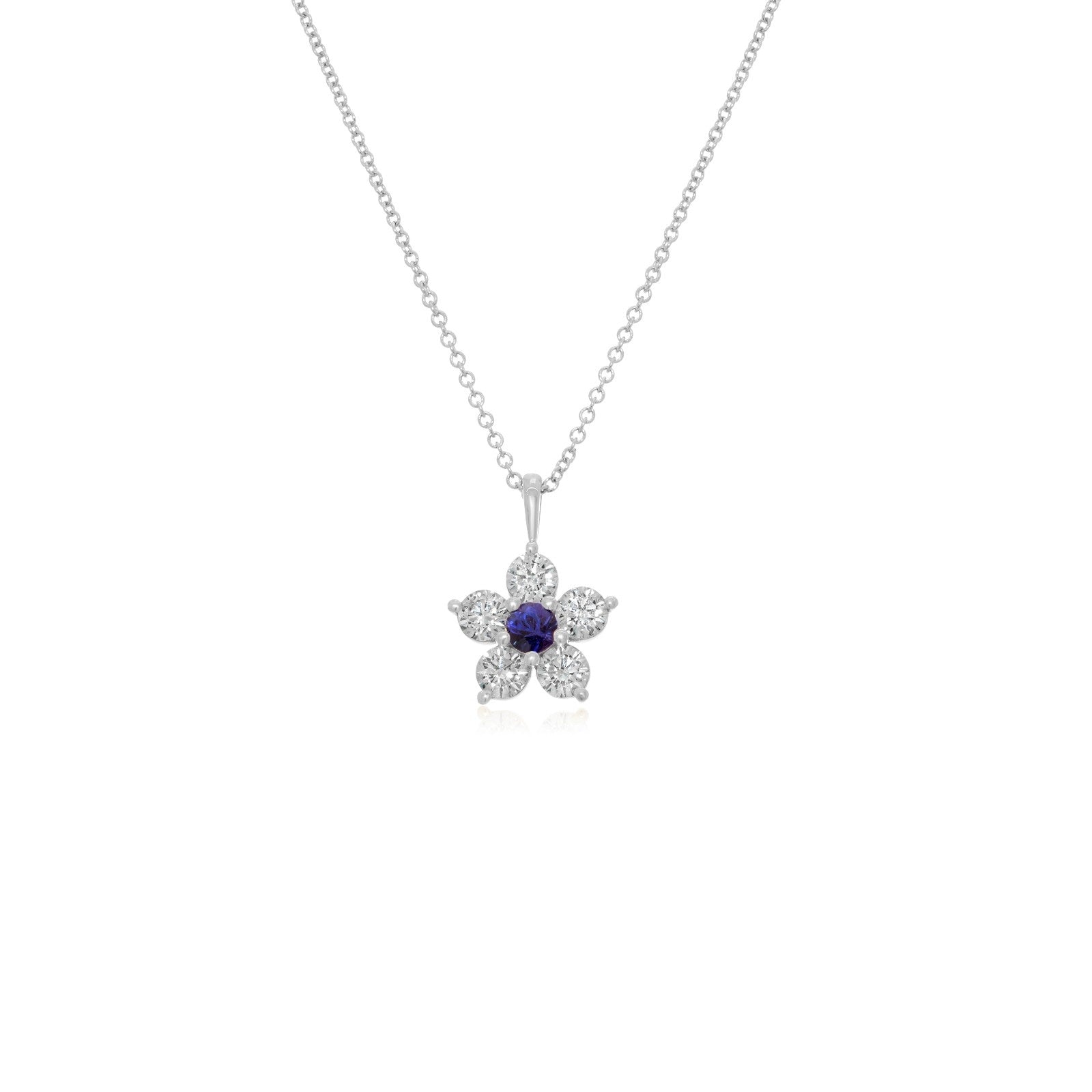 Kid's Jewelry, Flower Pendant, Necklace, Kid's Pendant, Diamond Necklace, Big Flower Blue Sapphire Center with Diamond Accent Necklace in White Gold 