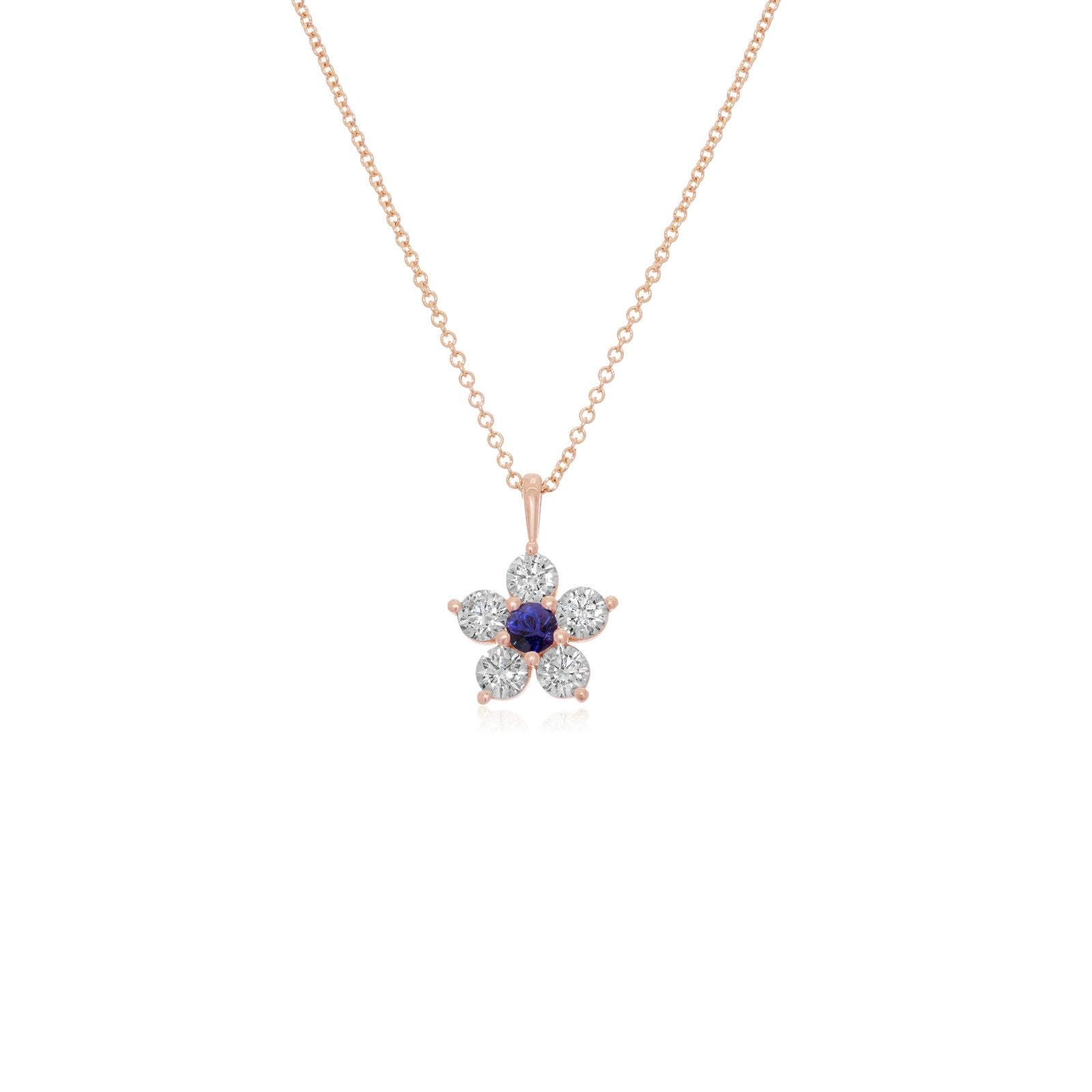 Kid's Jewelry, Flower Pendant, Necklace, Kid's Pendant, Diamond Necklace, Big Flower Blue Sapphire Center with Diamond Accent Necklace in Rose Gold 