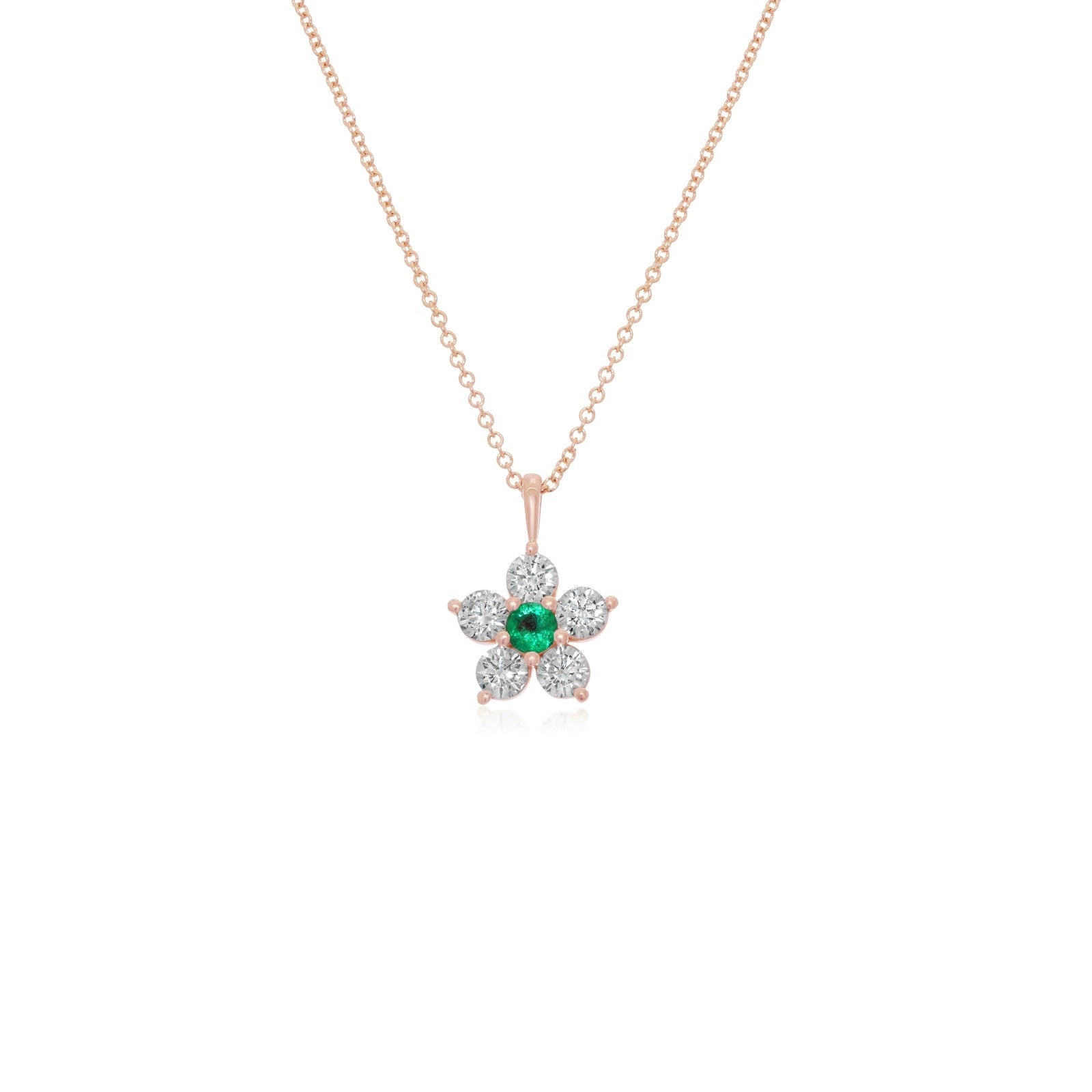 Kid's Jewelry, Flower Pendant, Necklace, Kid's Pendant, Diamond Necklace, Big Flower Emerald Center with Diamond Accent Necklace in Rose Gold 