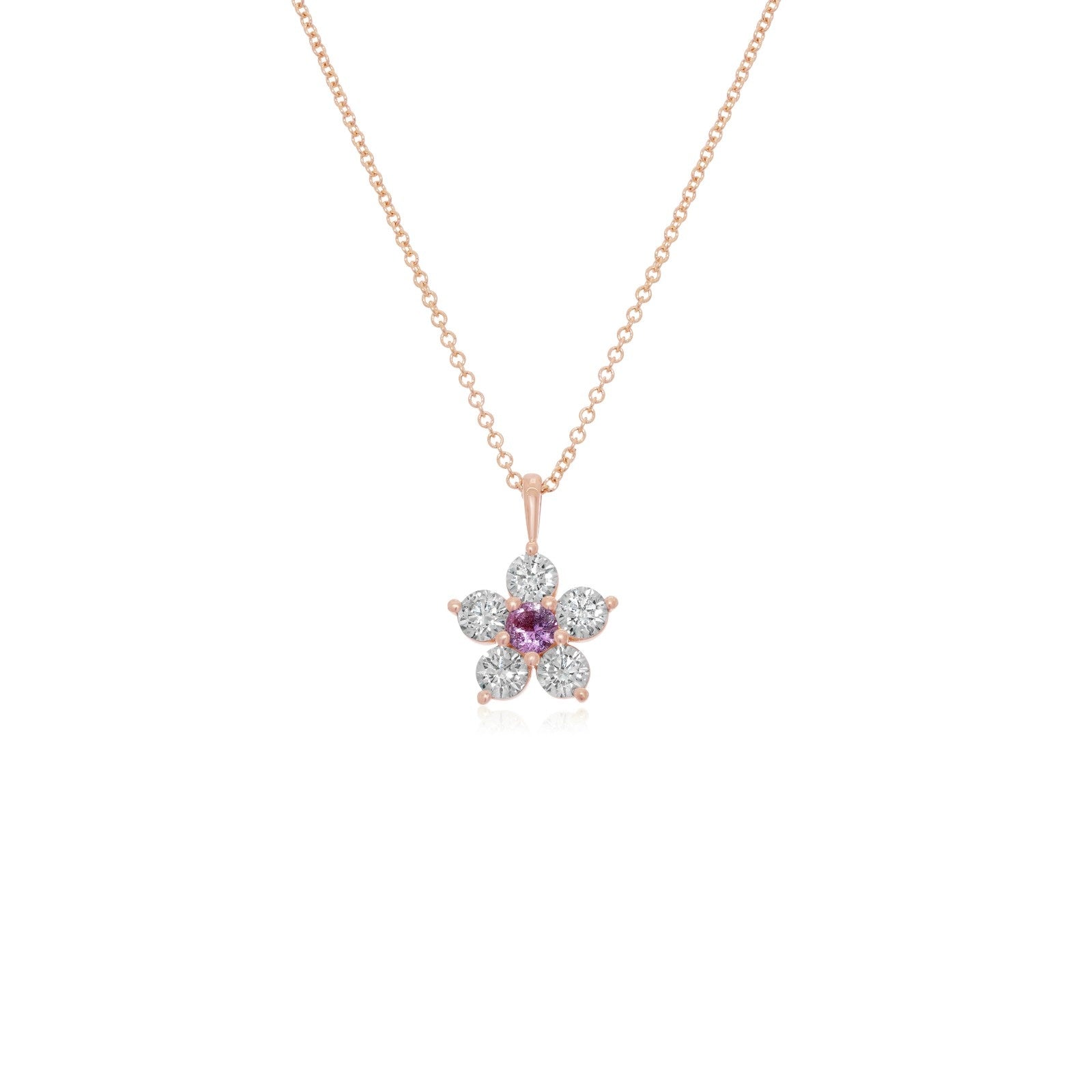 Kid's Jewelry, Flower Pendant, Necklace, Kid's Pendant, Diamond Necklace, Big Flower Purple Sapphire Center with Diamond Accent Necklace in Rose Gold 