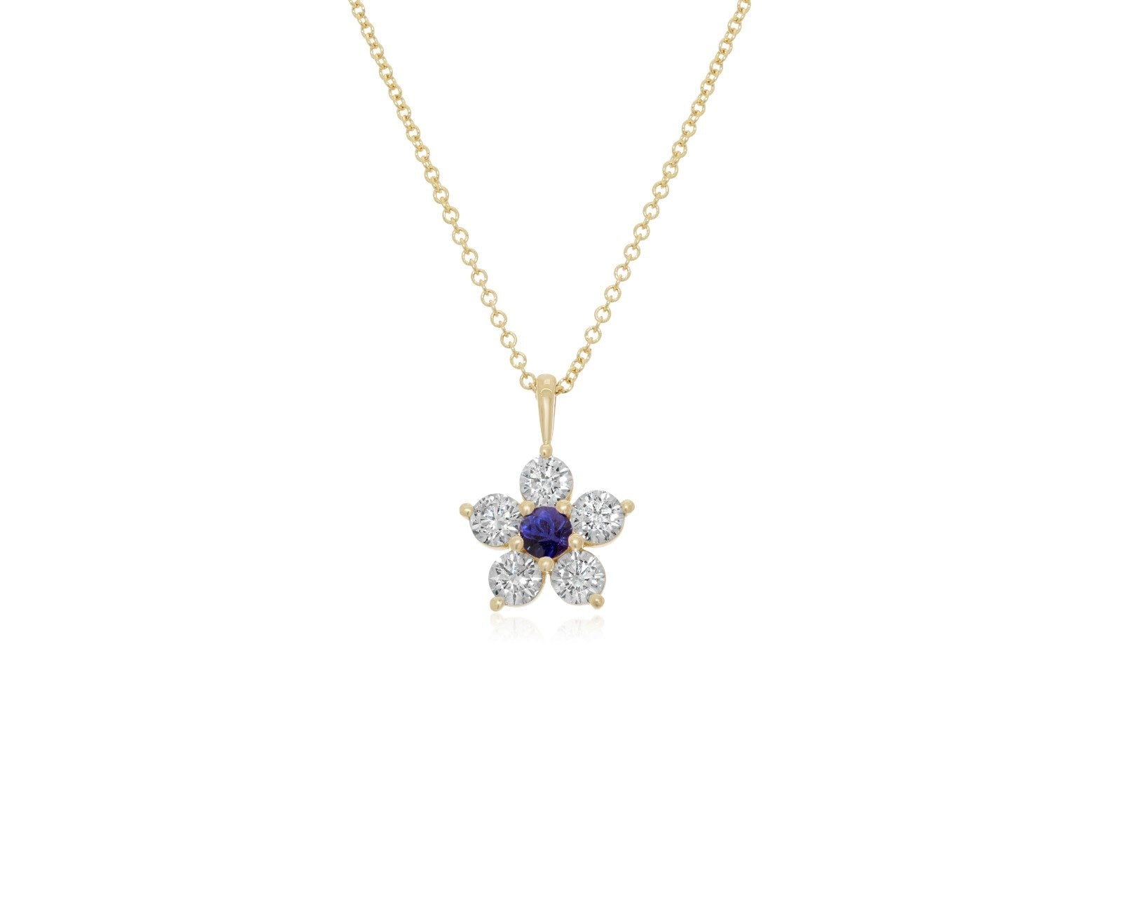 Kid's Jewelry, Flower Pendant, Necklace, Kid's Pendant, Diamond Necklace, Big Flower Blue Sapphire Center with Diamond Accent Necklace in Yellow Gold 