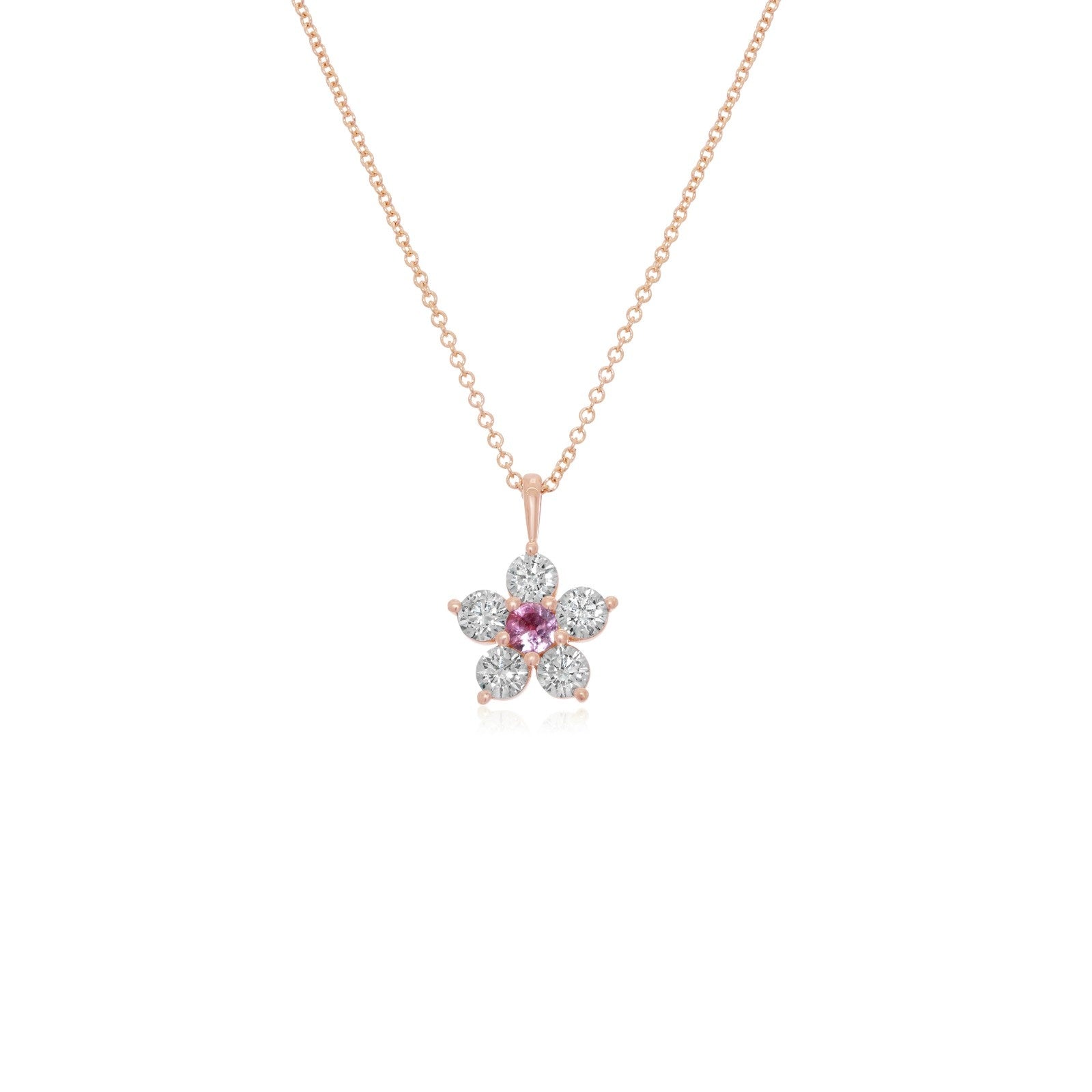 Kid's Jewelry, Flower Pendant, Necklace, Kid's Pendant, Diamond Necklace, Big Flower Pink Sapphire Center with Diamond Accent Necklace in Rose Gold 