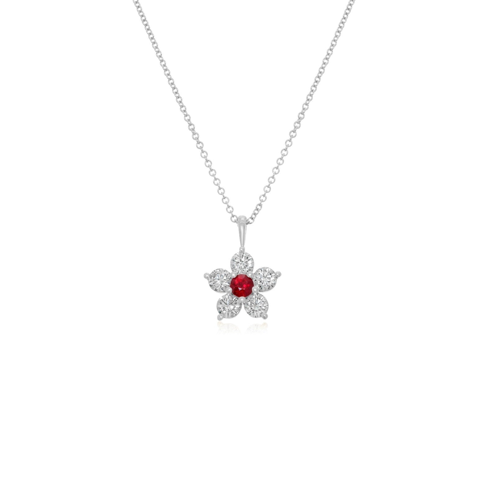 Kid's Jewelry, Flower Pendant, Necklace, Kid's Pendant, Diamond Necklace, Big Flower Ruby Center with Diamond Accent Necklace in White Gold 