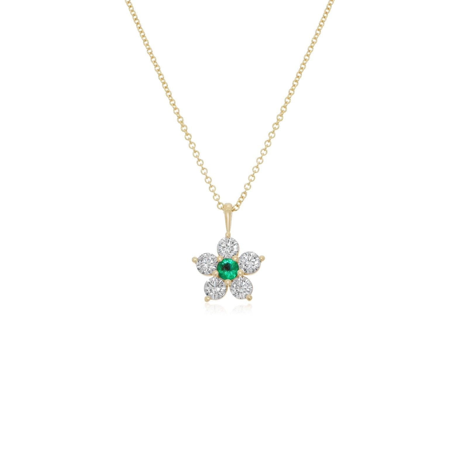 Kid's Jewelry, Flower Pendant, Necklace, Kid's Pendant, Diamond Necklace, Big Flower Emerald Center with Diamond Accent Necklace in Yellow Gold 