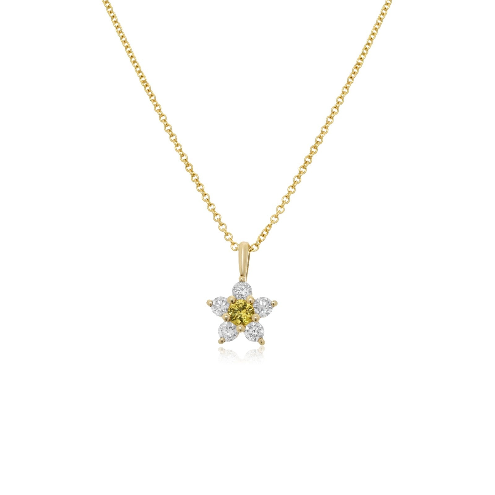 Kid's Jewelry, Flower Pendant, Necklace, Kid's Pendant, Diamond Necklace, Big Flower Yellow Sapphire Center with Diamond Accent Necklace in Yellow Gold 