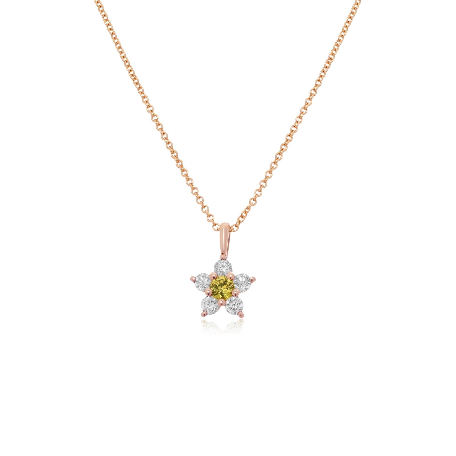 Kid's Jewelry, Flower Pendant, Necklace, Kid's Pendant, Diamond Necklace, Big Flower Yellow Sapphire Center with Diamond Accent Necklace in Rose Gold 