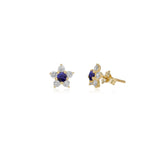 Flower Studs, Diamond Flower Studs, Kid's Jewelry, Fine Jewelry, Earring, Yellow Gold, Blue Sapphire