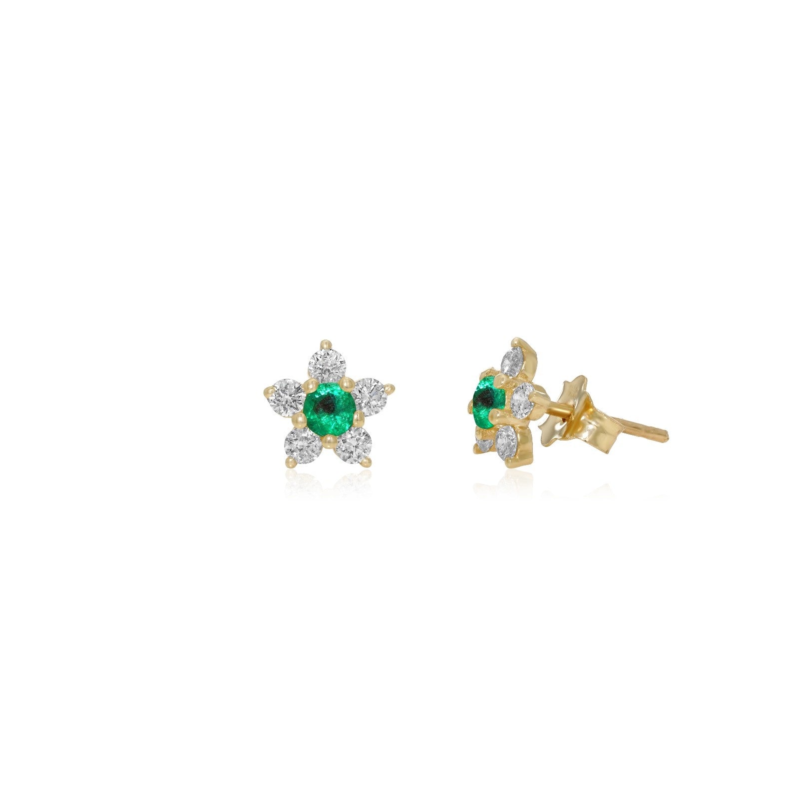 Flower Studs, Diamond Flower Studs, Kid's Jewelry, Fine Jewelry, Earring, Yellow Gold, Emerald