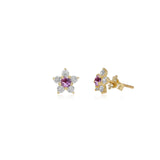 Flower Studs, Diamond Flower Studs, Kid's Jewelry, Fine Jewelry, Earring, Yellow Gold, Purple Sapphire