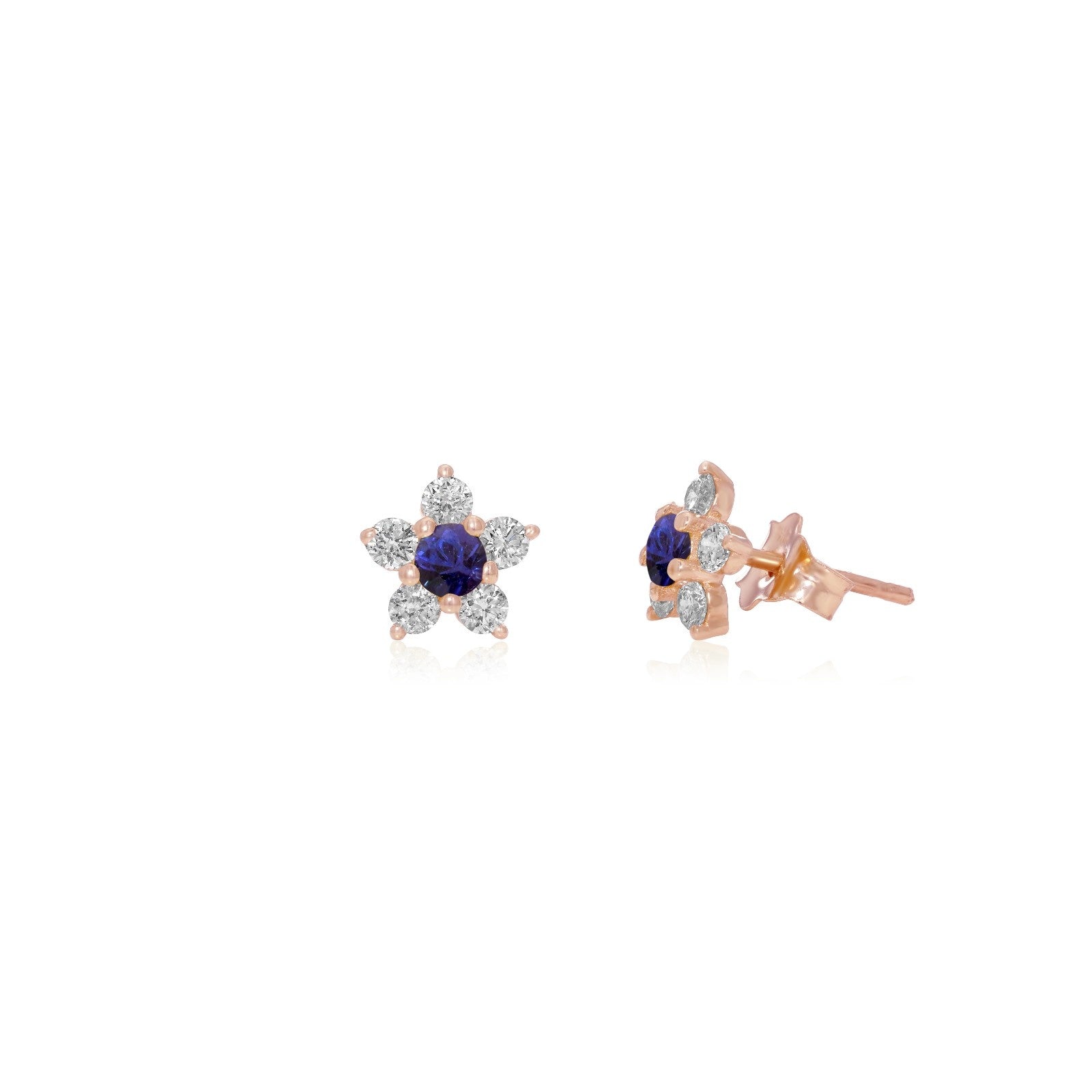 Flower Studs, Diamond Flower Studs, Kid's Jewelry, Fine Jewelry, Earring, Rose Gold, Blue Sapphire