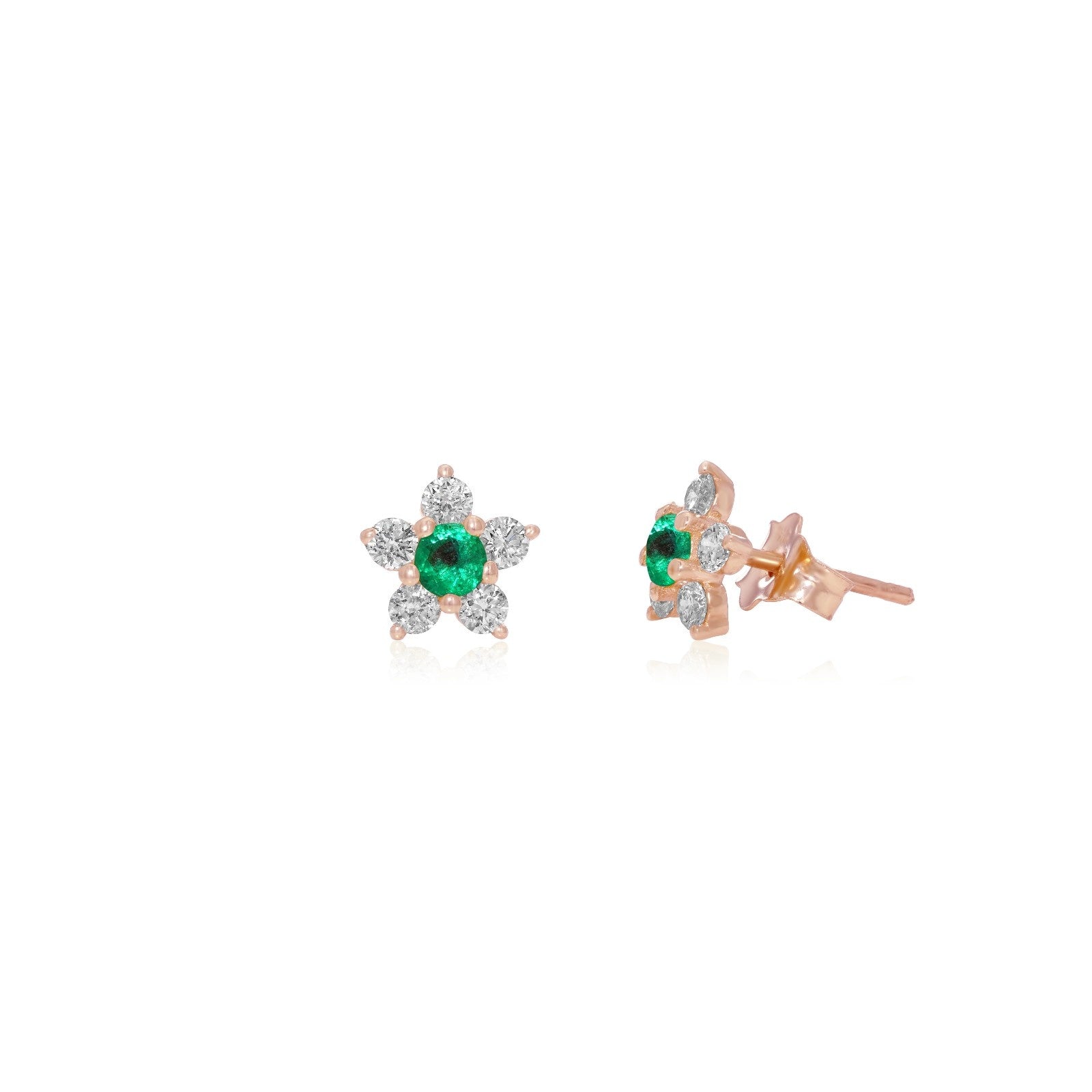 Flower Studs, Diamond Flower Studs, Kid's Jewelry, Fine Jewelry, Earring, Rose Gold, Emerald