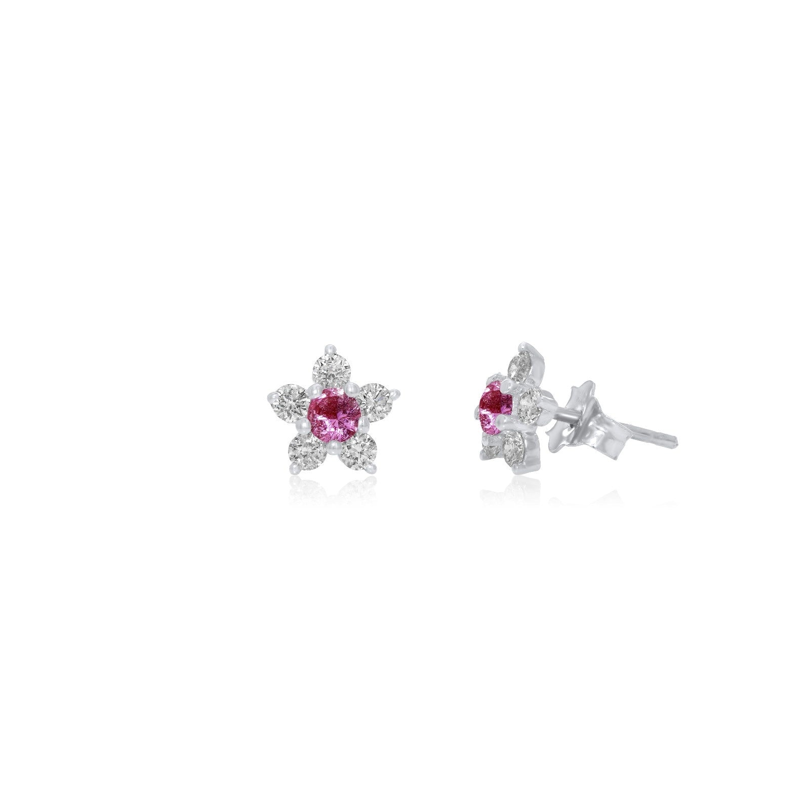 Flower Studs, Diamond Flower Studs, Kid's Jewelry, Fine Jewelry, Earring, White Gold, Pink Sapphire